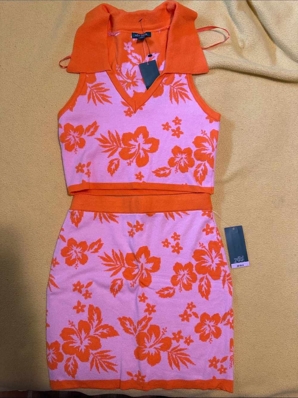 wild fable Pink and Orange Floral Two-Piece Knit Dress Set